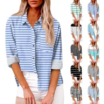 Женская свободная повседневная рубашка на пуговицах с длинными рукавами и лацканами, полосатый кардиган с принтом и карманом L чёрный