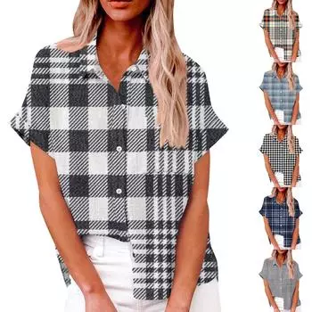Женская свободная повседневная рубашка на пуговицах с короткими рукавами, клетчатым полосатым принтом и топом с карманами XXL винный
