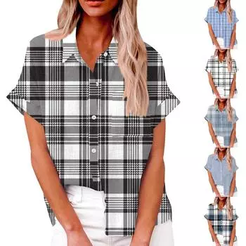 Женская свободная повседневная рубашка на пуговицах с короткими рукавами, клетчатым полосатым принтом и топом с карманами XXL чёрный