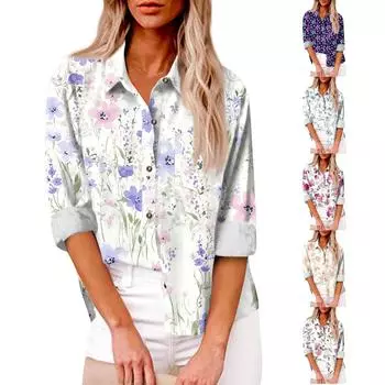 Женская свободная повседневная рубашка на пуговицах с длинными рукавами и кардиганом с градиентным принтом и карманом L синий