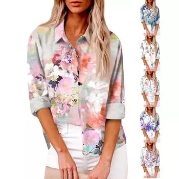 Женская свободная повседневная рубашка на пуговицах с длинными рукавами и кардиганом с градиентным принтом и карманом XXL