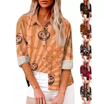 Женская свободная повседневная рубашка на пуговицах с длинными рукавами и кардиганом с градиентным принтом и карманом L