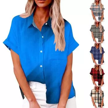 Женская свободная повседневная рубашка на пуговицах с короткими рукавами, клетчатым полосатым принтом и топом с карманами XXXL хаки