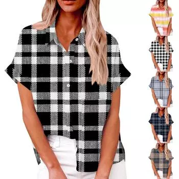 Женская свободная повседневная рубашка на пуговицах с короткими рукавами, клетчатым полосатым принтом и топом с карманами XL чёрный
