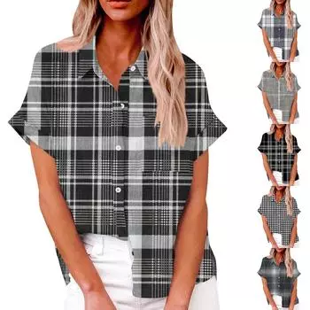Женская свободная повседневная рубашка на пуговицах с короткими рукавами, клетчатым полосатым принтом и топом с карманами S чёрный