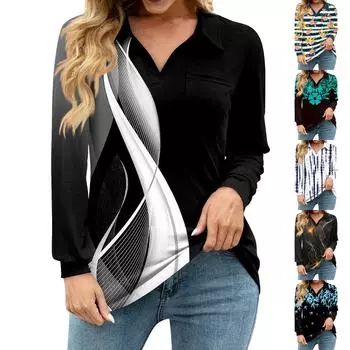 Женская свободная повседневная рубашка с цветочным принтом, V-образным вырезом, длинным рукавом, вырезом и карманом на талии L чёрный