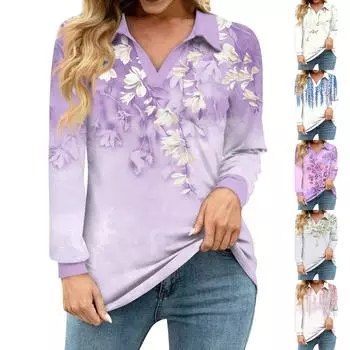 Женская свободная повседневная рубашка с цветочным принтом, V-образным вырезом, длинным рукавом, вырезом и карманом на талии S циан