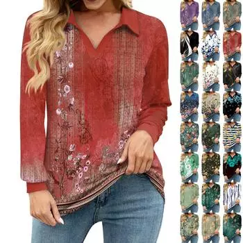 Женская свободная повседневная рубашка с цветочным принтом, V-образным вырезом, длинным рукавом, вырезом и карманом на талии L синий