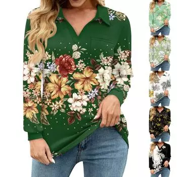 Женская свободная повседневная рубашка с цветочным принтом, V-образным вырезом, длинным рукавом, вырезом и карманом на талии L белый