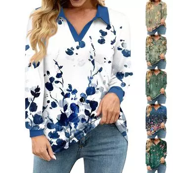 Женская свободная повседневная рубашка с цветочным принтом, V-образным вырезом, длинным рукавом, вырезом и карманом на талии L темно-зеленого