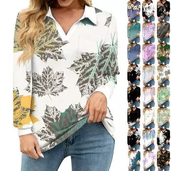 Женская свободная повседневная рубашка с цветочным принтом, V-образным вырезом, длинным рукавом, вырезом и карманом на талии L чёрный