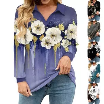 Женская свободная повседневная рубашка с цветочным принтом, V-образным вырезом, длинным рукавом, вырезом и карманом на талии M чёрный
