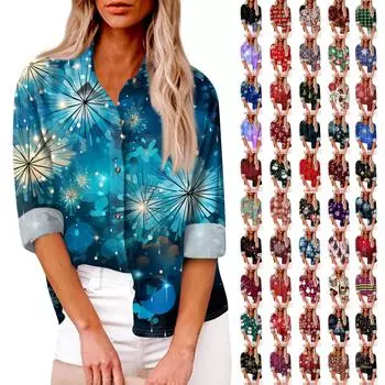 Женская свободная повседневная рубашка с длинными рукавами и рождественским принтом, кардиган с принтом и карманами XL