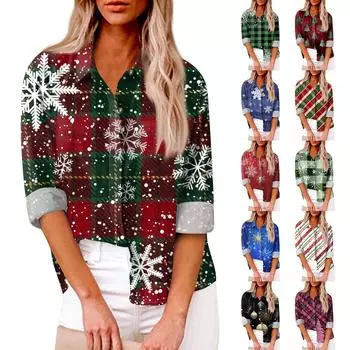 Женская свободная повседневная рубашка с длинными рукавами и рождественским принтом, кардиган с принтом и карманами L синий