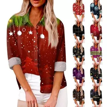 Женская свободная повседневная рубашка с длинными рукавами и рождественским принтом, кардиган с принтом и карманами XL