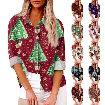 Женская свободная повседневная рубашка с длинными рукавами и рождественским принтом, кардиган с принтом и карманами M зелёный