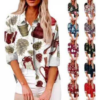 Женская свободная повседневная рубашка с длинными рукавами и рождественским принтом, кардиган с принтом и карманами L чёрный