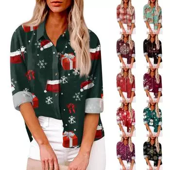 Женская свободная повседневная рубашка с длинными рукавами и рождественским принтом, кардиган с принтом и карманами XXL чёрный