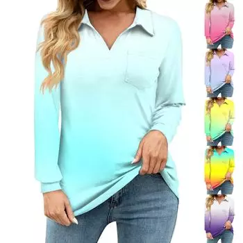 Женская свободная повседневная рубашка с градиентным принтом, V-образным вырезом, длинным рукавом, вырезом, карманом на талии L циан