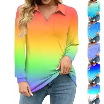 Женская свободная повседневная рубашка с градиентным принтом, V-образным вырезом, длинным рукавом, вырезом, карманом на талии S жёлтый