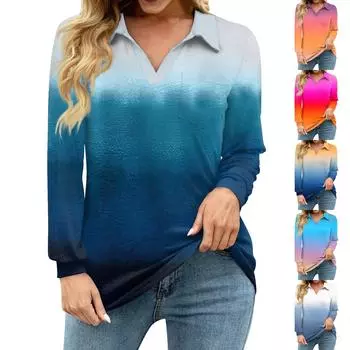 Женская свободная повседневная рубашка с градиентным принтом, V-образным вырезом, длинным рукавом, вырезом, карманом на талии XL красный