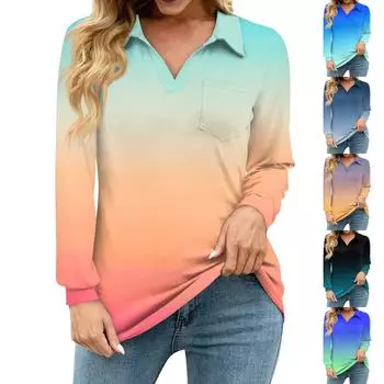 Женская свободная повседневная рубашка с градиентным принтом, V-образным вырезом, длинным рукавом, вырезом, карманом на талии L чёрный