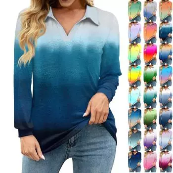 Женская свободная повседневная рубашка с градиентным принтом, V-образным вырезом, длинным рукавом, вырезом, карманом на талии L синий