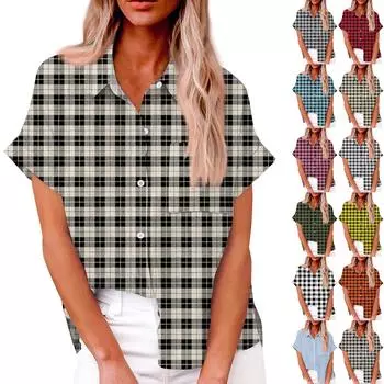 Женская свободная повседневная рубашка с короткими рукавами и отворотом с цифровым принтом и карманом XXXL