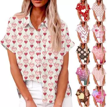 Женская свободная повседневная рубашка с короткими рукавами и отворотом с цифровым принтом и карманом M