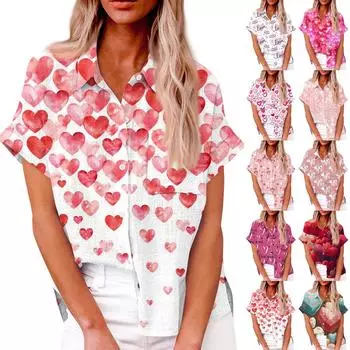 Женская свободная повседневная рубашка с короткими рукавами и отворотом с цифровым принтом и карманом L