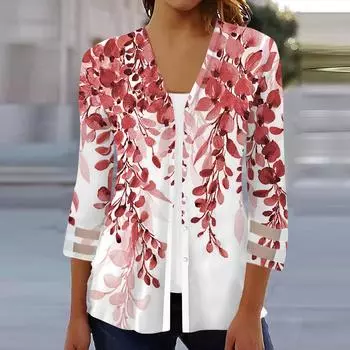 Женская свободная повседневная рубашка с принтом и рукавами три четверти, сетчатая рубашка на пуговицах, кардиган, топ M красный