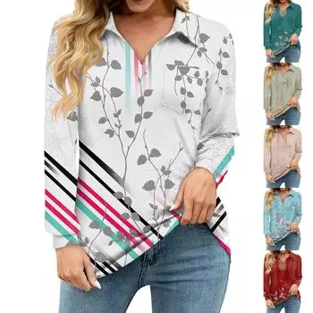 Женская свободная повседневная рубашка с винтажным цветочным принтом, V-образным вырезом, длинным рукавом, вырезом, карманом на талии S хаки