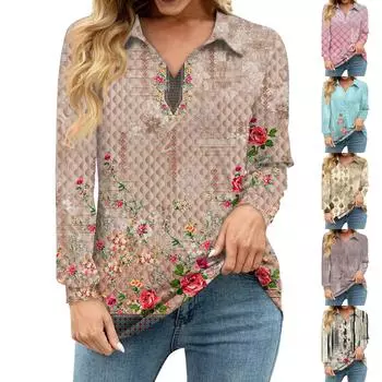 Женская свободная повседневная рубашка с винтажным цветочным принтом, V-образным вырезом, длинным рукавом, вырезом, карманом на талии XXXL чёрный