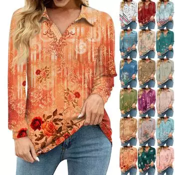 Женская свободная повседневная рубашка с винтажным цветочным принтом, V-образным вырезом, длинным рукавом, вырезом, карманом на талии L циан