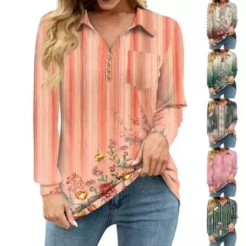Женская свободная повседневная рубашка с винтажным цветочным принтом, V-образным вырезом, длинным рукавом, вырезом, карманом на талии L кофейный