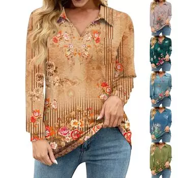 Женская свободная повседневная рубашка с винтажным цветочным принтом, V-образным вырезом, длинным рукавом, вырезом, карманом на талии M зелёный