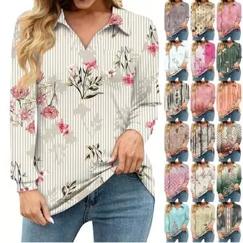 Женская свободная повседневная рубашка с винтажным цветочным принтом, V-образным вырезом, длинным рукавом, вырезом, карманом на талии L зелёный