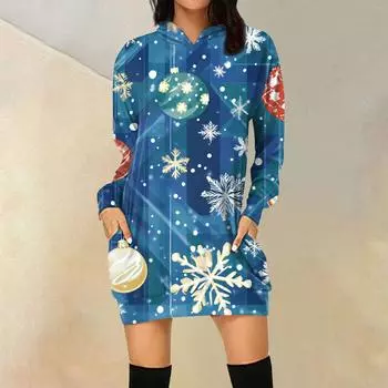 Женская свободная повседневная толстовка с капюшоном и карманом с длинными рукавами с рождественским принтом, длинный топ S синий
