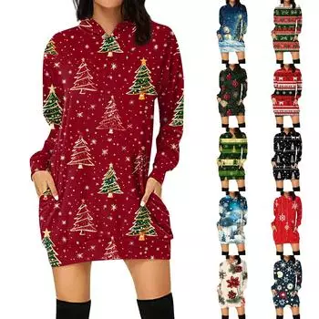 Женская свободная повседневная толстовка с капюшоном и карманом с длинными рукавами с рождественским принтом, длинный топ XXL