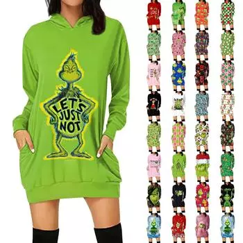 Женская свободная повседневная толстовка с капюшоном и карманом с длинными рукавами с рождественским принтом, длинный топ S