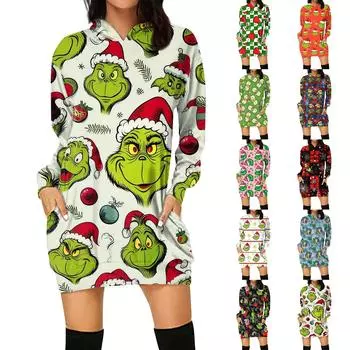 Женская свободная повседневная толстовка с капюшоном и карманом с длинными рукавами с рождественским принтом, длинный топ L