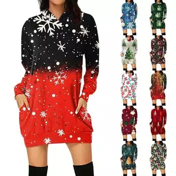 Женская свободная повседневная толстовка с капюшоном и карманом с длинными рукавами с рождественским принтом, длинный топ L чёрный