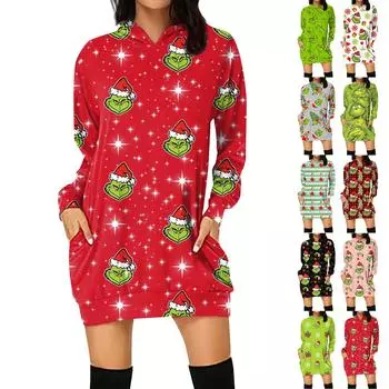 Женская свободная повседневная толстовка с капюшоном и карманом с длинными рукавами с рождественским принтом, длинный топ L армия зеленый