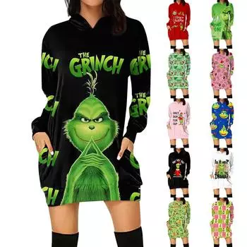 Женская свободная повседневная толстовка с капюшоном и карманом с длинными рукавами с рождественским принтом, длинный топ L армия зеленый