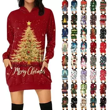 Женская свободная повседневная толстовка с капюшоном и карманом с длинными рукавами с рождественским принтом, длинный топ L циан