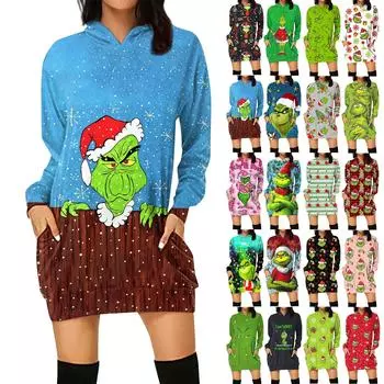 Женская свободная повседневная толстовка с капюшоном и карманом с длинными рукавами с рождественским принтом, длинный топ L синий