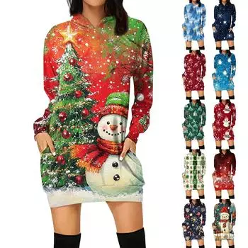 Женская свободная повседневная толстовка с капюшоном и карманом с длинными рукавами с рождественским принтом, длинный топ M зелёный