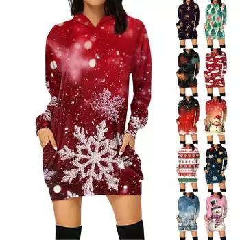 Женская свободная повседневная толстовка с капюшоном и карманом с длинными рукавами с рождественским принтом, длинный топ M циан