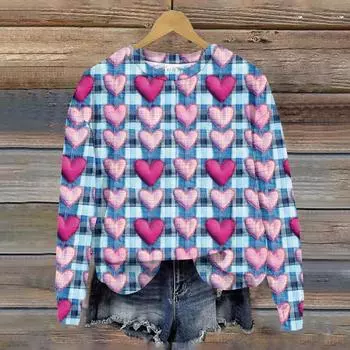 Женская свободная повседневная толстовка с круглым вырезом и длинными рукавами на День святого Валентина, модный топ с длинными рукавами L светло-синий