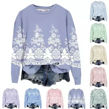 Женская свободная повседневная толстовка с круглым вырезом и длинными рукавами, модный топ с длинными рукавами L синий